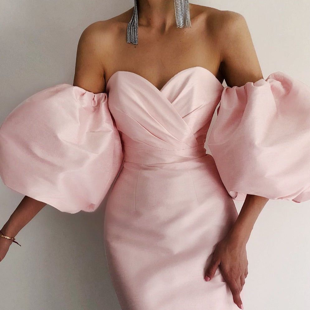 Smiley Puff Sleeve Satin Midi Dress Maxct
