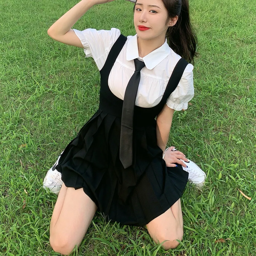 Maxct Women Dress Sets Preppy Style Slim High Street Girl Sweet Ins Puff Sleeve Shirts Pleated Dresses Student Harajuku Ulzzang JK Hot