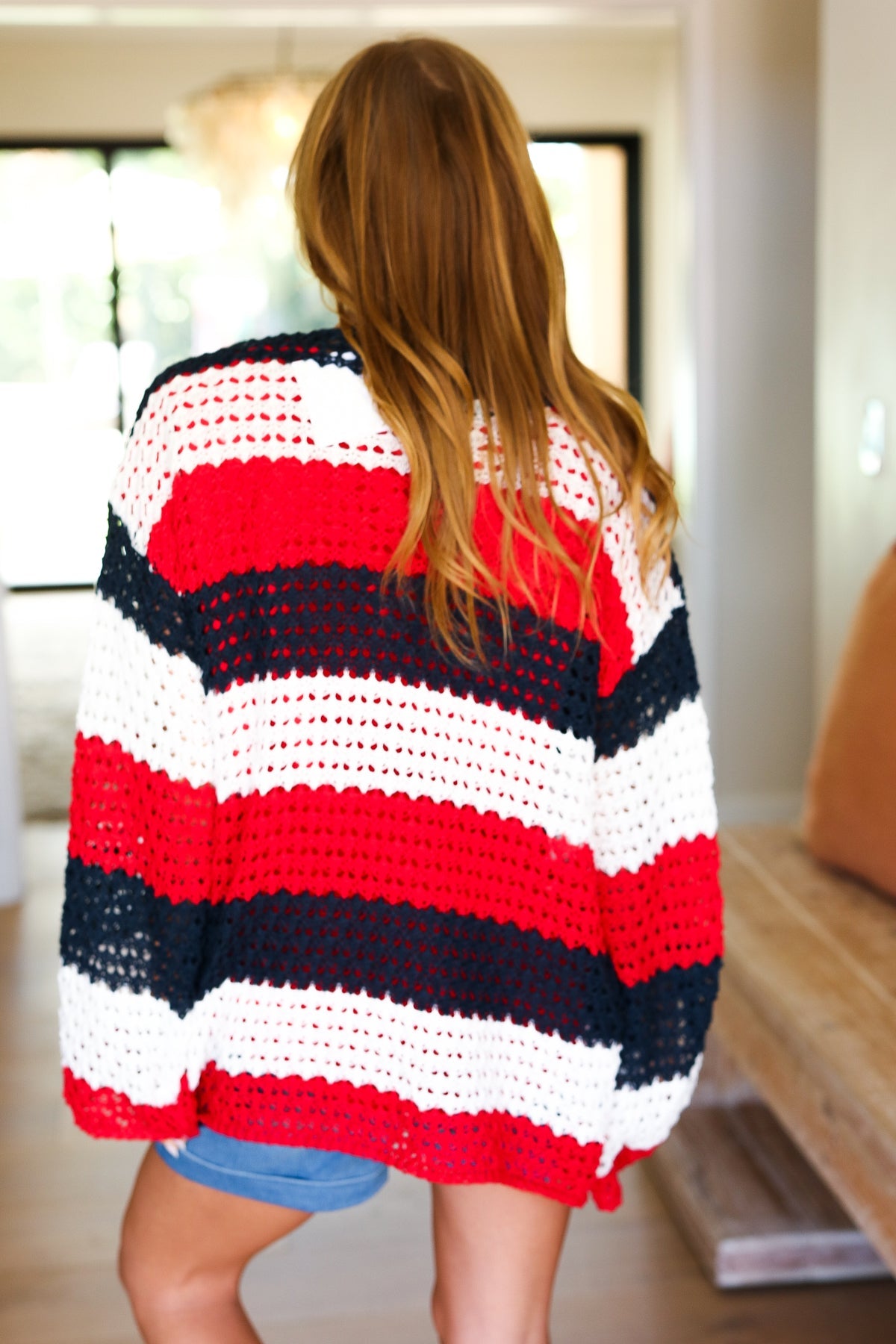 Maxct &Simply Patriotic Red White & Blue Striped Crochet Cardigan