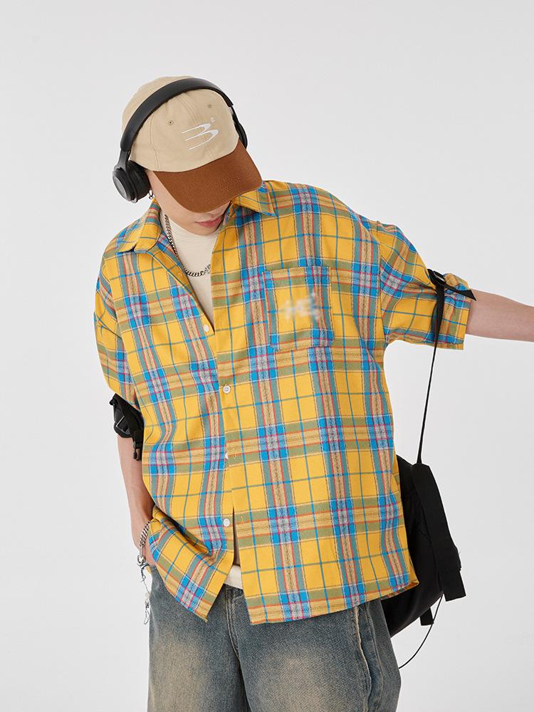 Maxct 90s Streetwear Fashion Retro Contrast Color Plaid Shirt Women's Summer New Letter Embroidered Design Casual Half Sleeve Coat Top