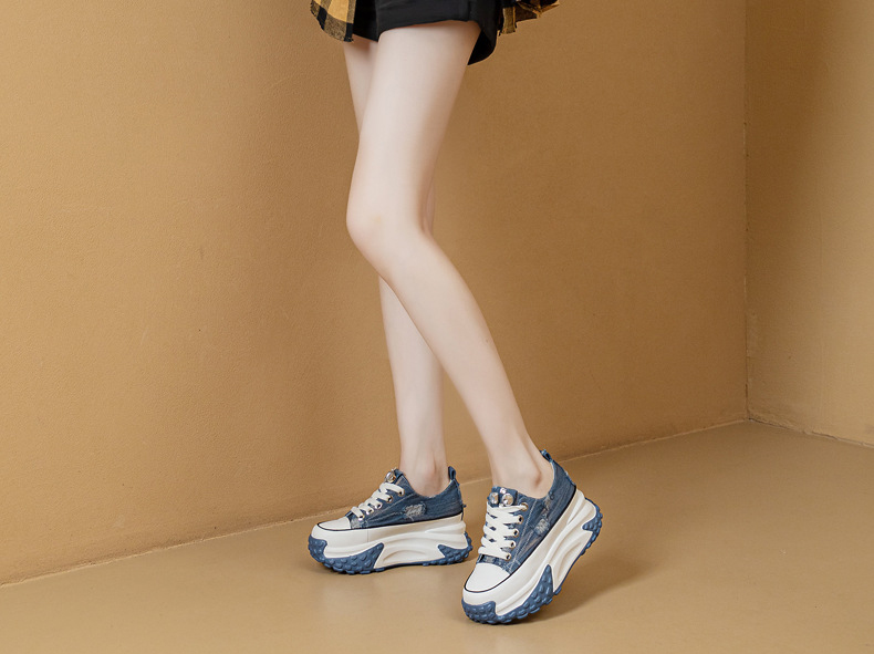 Blinged Out: 6cm Denim Leather Chunky Platform Sneakers - true deals club