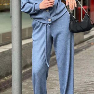 Maxct Solid Color Button Down Cardigan Long Pants Set