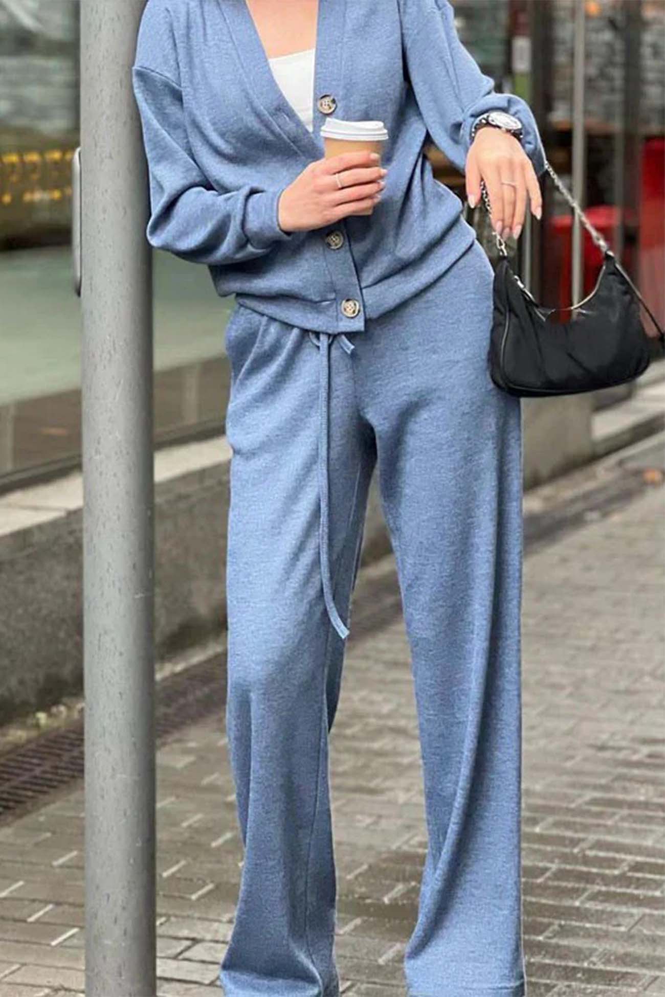 Maxct Solid Color Button Down Cardigan Long Pants Set