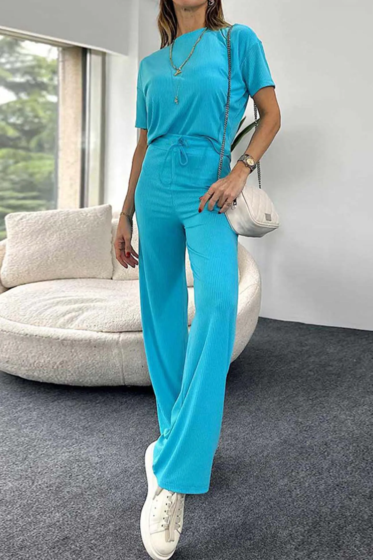 Maxct Ribbed Short Sleeve Drawstring Long Pants Set
