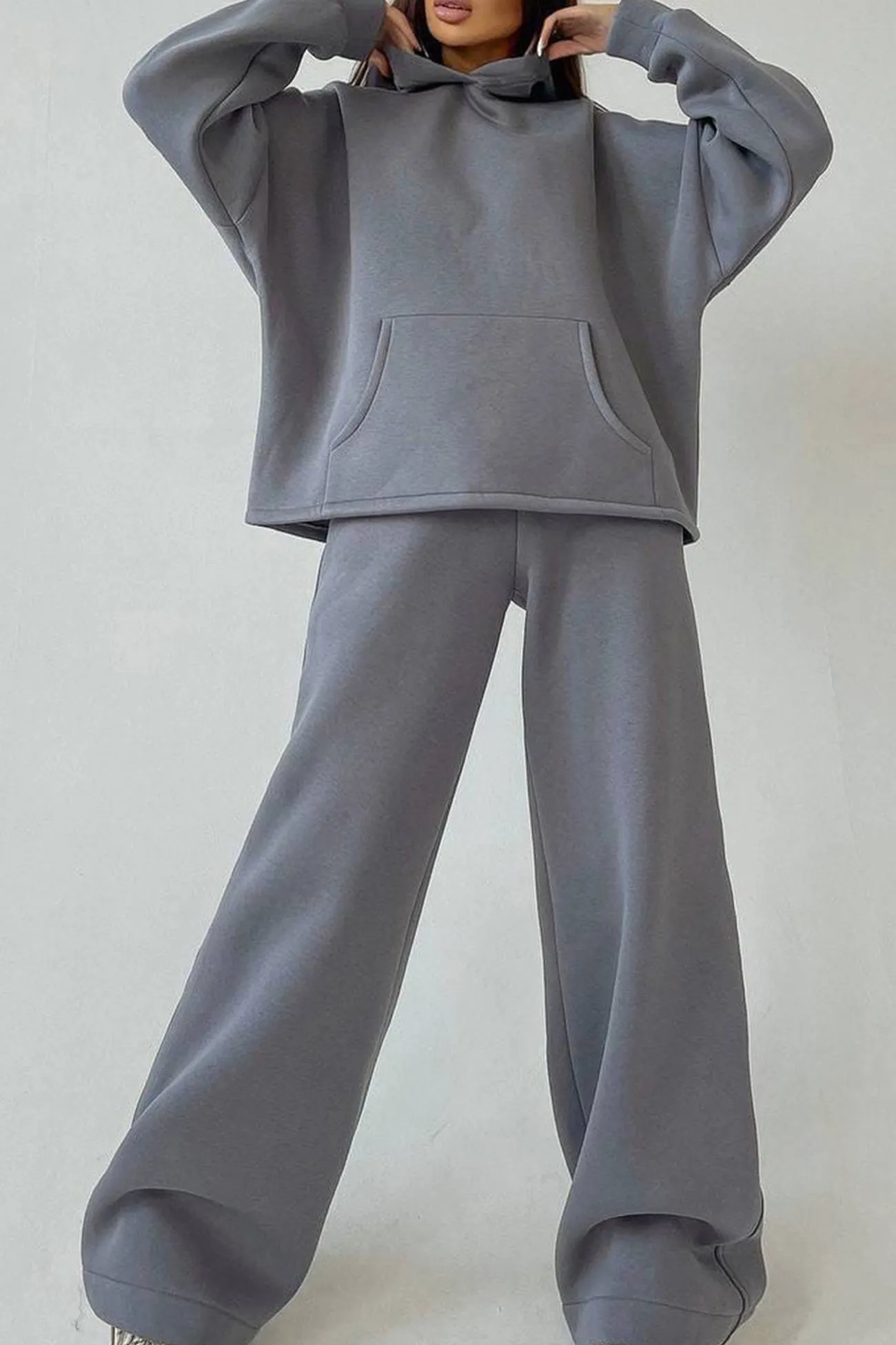 Maxct-Solid Hoodie Wide Leg Long Pants Suits