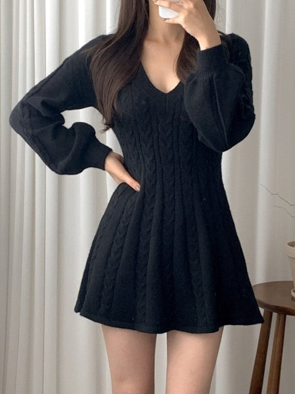 V Neck Cable Knit Long Sleeve Mini Dress Maxct