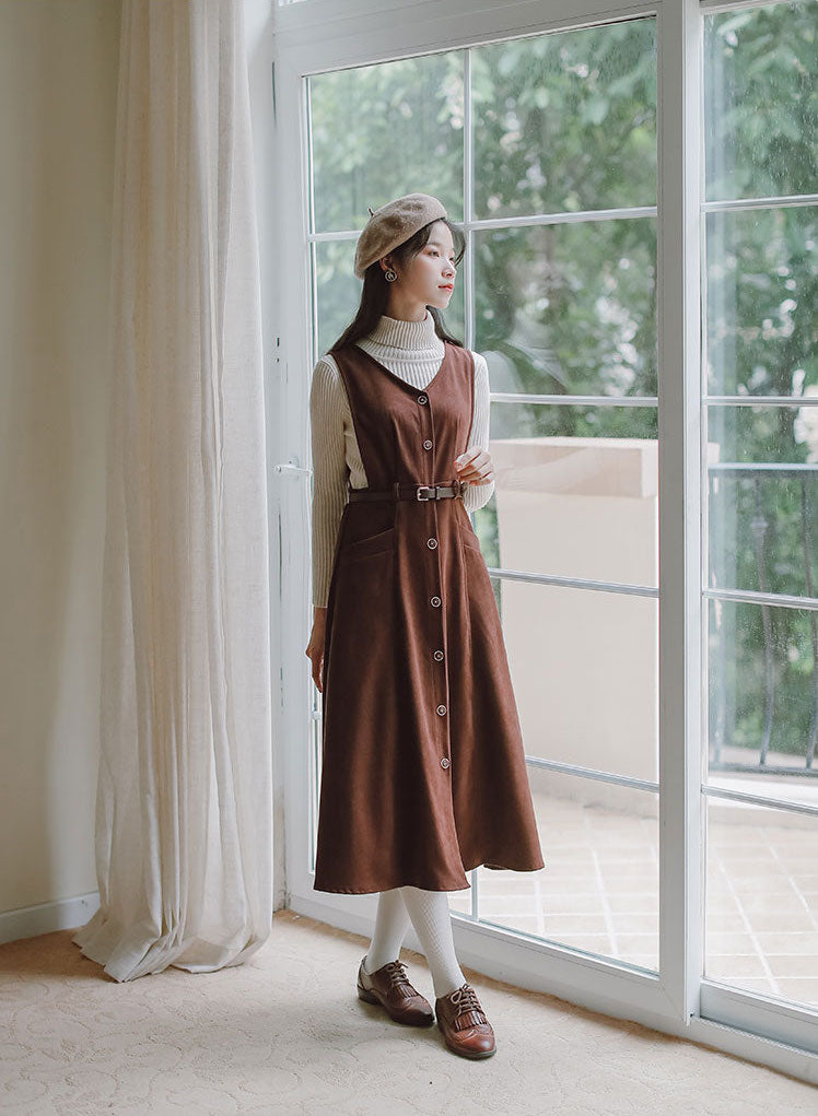 Button Up Suede Pinafore Dress Maxct