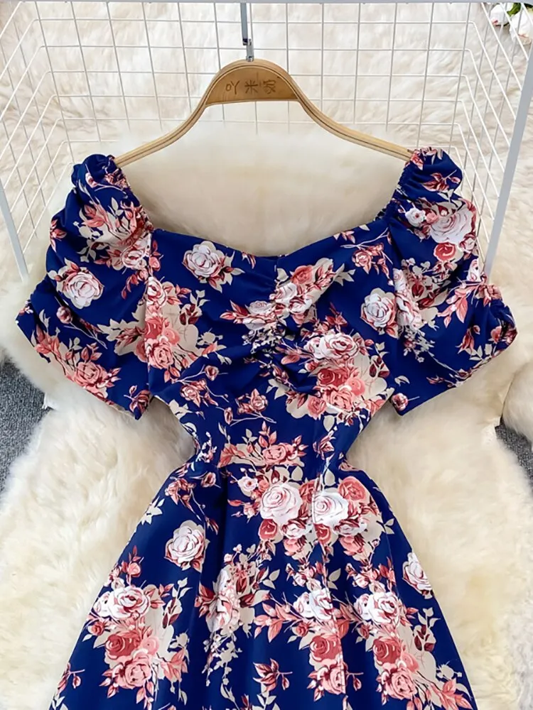 Vintage Women Printed Dresss Sexy Square Collar Short Puff Sleeve High Waist A-Line Vacation Beach Vestidos Female New
