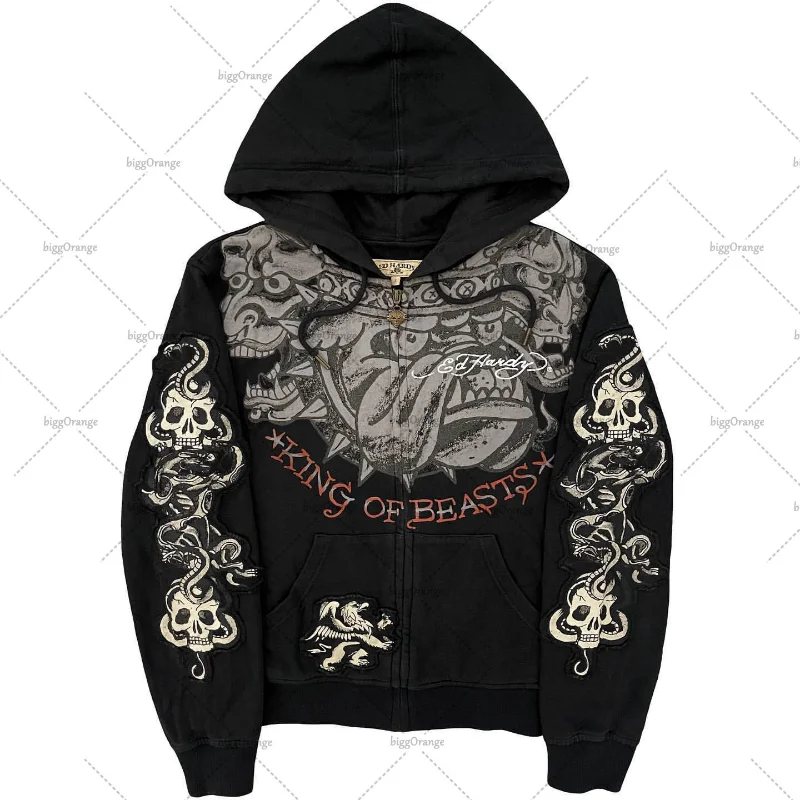 Maxct Y2K American Harajuku Retro Printed Zipper Hoodie Men New Street Pop Hip-Hop Sweatshirt Gothic Loose Punk Top Clothing Tide