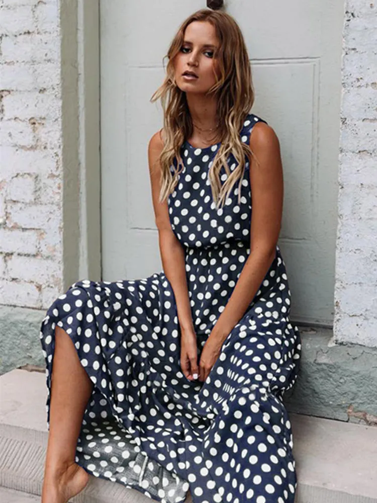 Maxct Sleeveless Polka Dot Print Women Midi Dress Casual Fashion Dresses A-Line Boho Elegant Beach Long Dress Vestidos