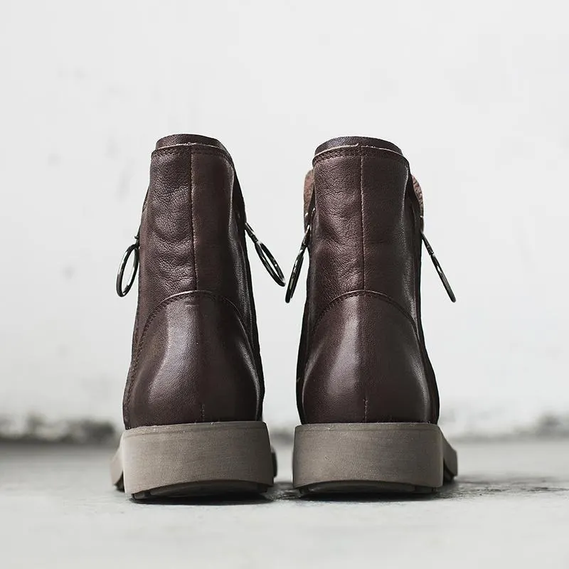 Waxing Sheepskin Short Boots Designer Retro Chunky Ankle Boots Dark Coffee/Black Maxct