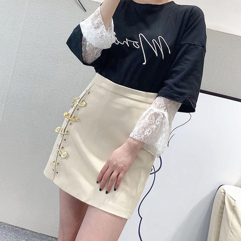 Pins Asymmetrical Leather Mini Skirt Maxct