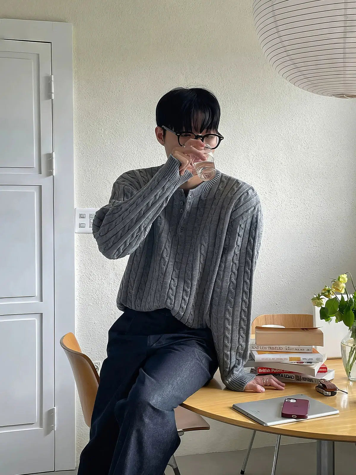 Maxct Pleated Henley Round Neck Sweater