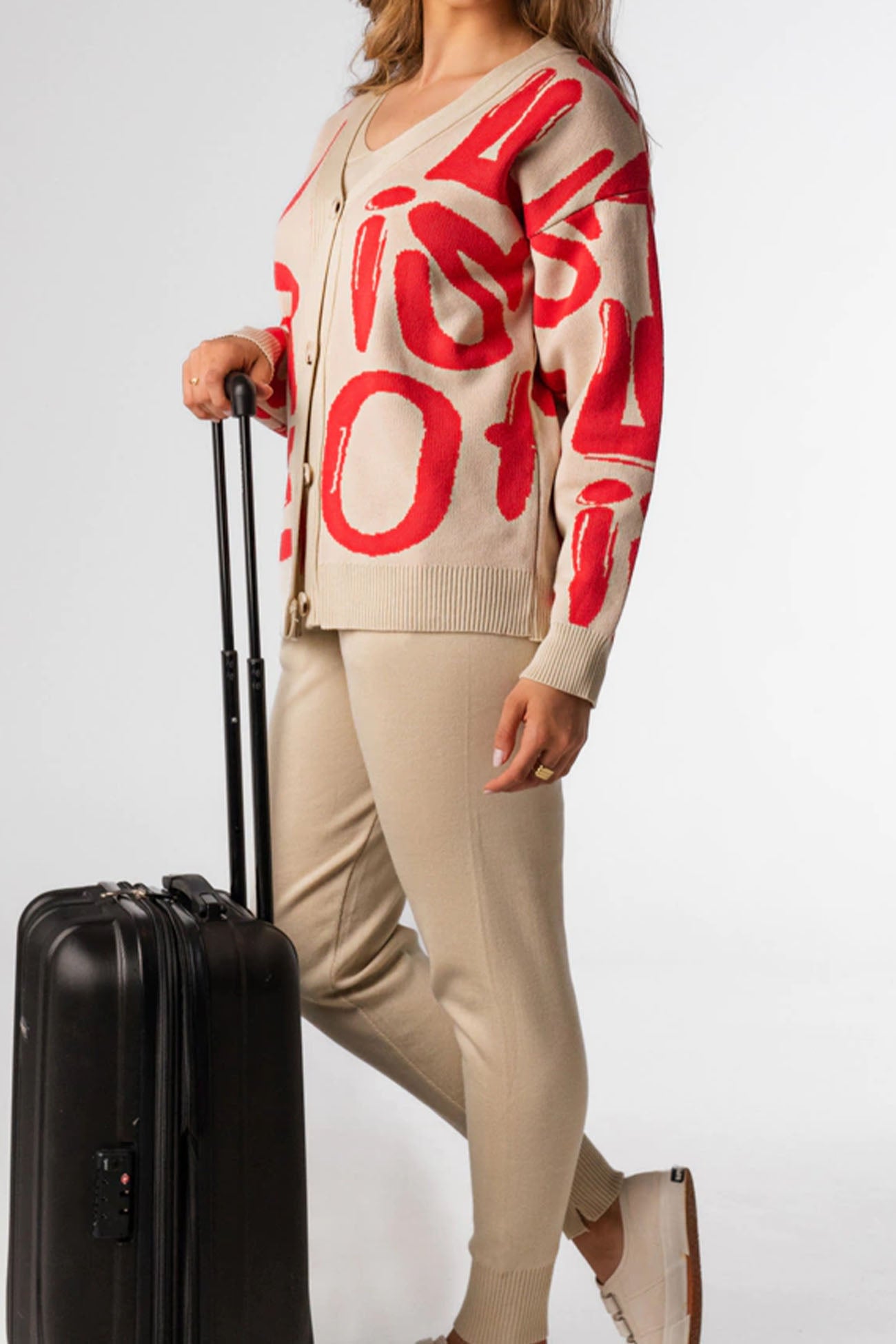 Maxct Letter Printed Cardigan Vest Long Pant Three Piece Set