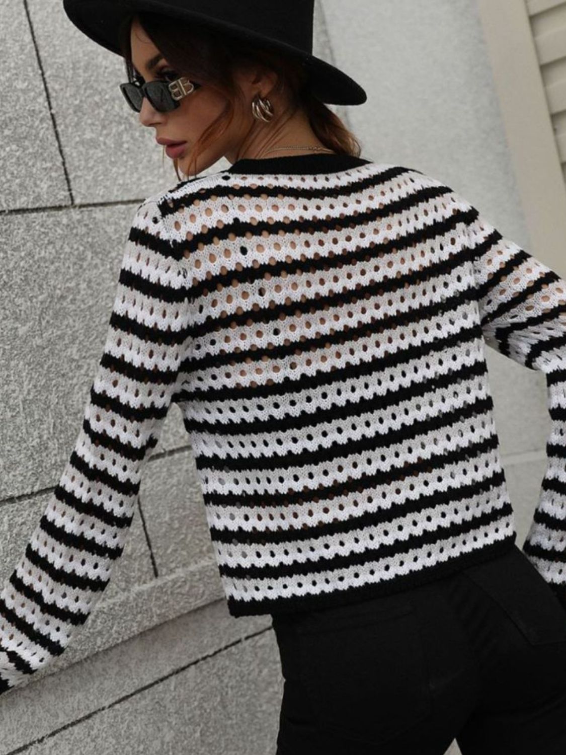 Maxct &Striped Openwork Long-Sleeve Knit Pullover
