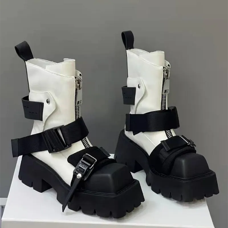 Belt Buckle Zipper Mid Calf Boots for Women Maxct