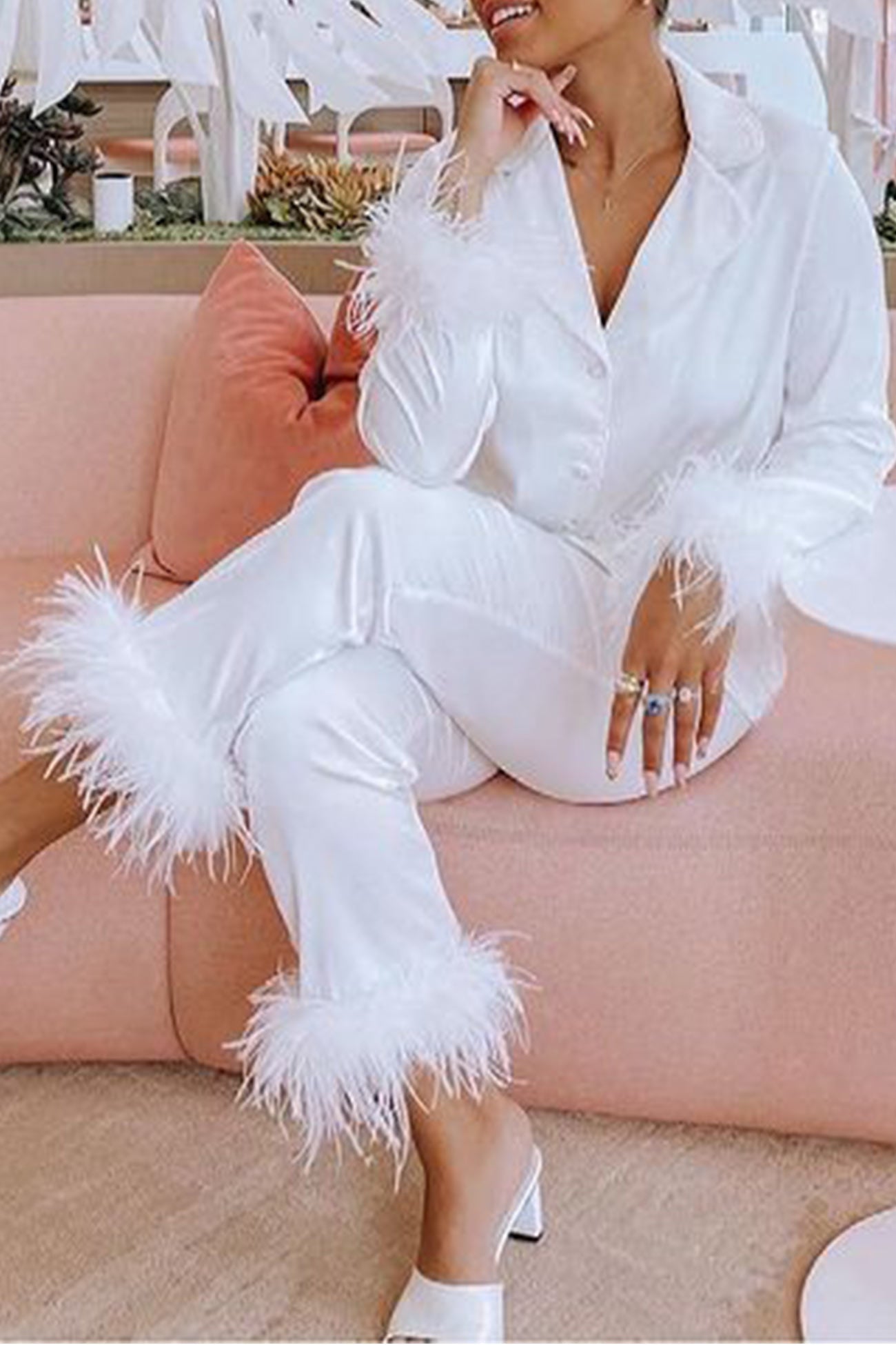 Maxct Lapel Feather Hem Two-piece Pants Set