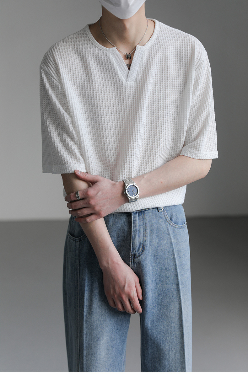 90s Streetwear Summer New Korean Style Loose Small V-neck Short-sleeved T-shirt Men's Fashion Brand Wafflet High-end Sense Half-sleeved T-shirt Top