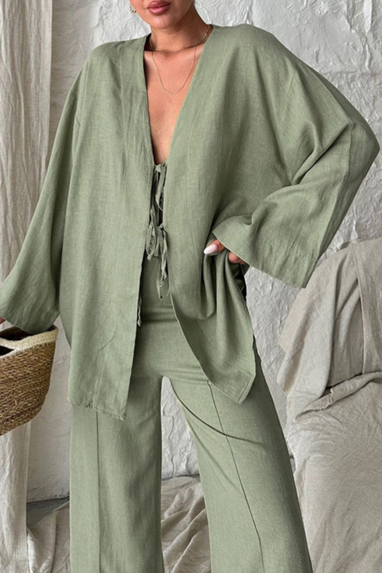 Maxct Tie-front Long Sleeve Shirt Cotton Suits
