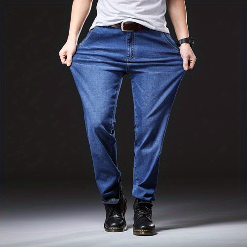 Plus Size Stretch Jeans, Men's Loose Straight Leg Denim Trousers