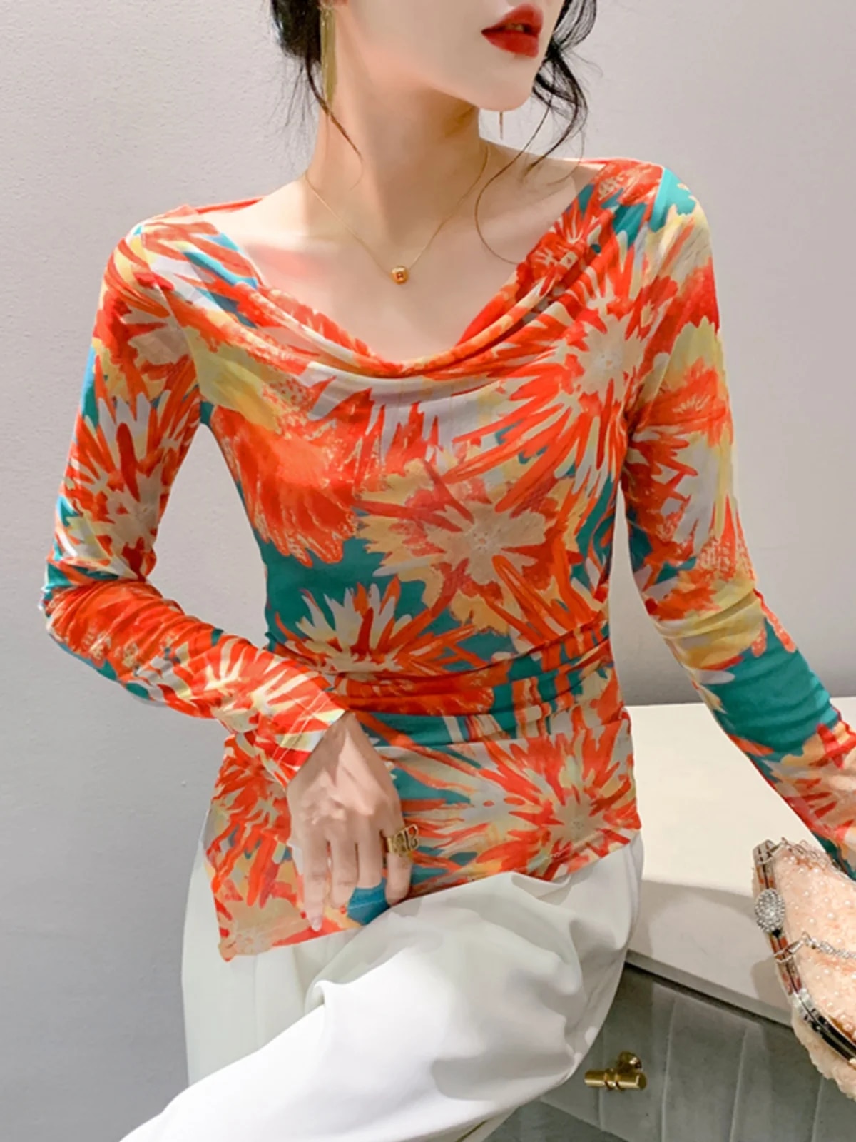 Maxct Autumn Mesh T-shirt Women Full Sleeve Irregular Hem Elegant High Stretch Slim Top