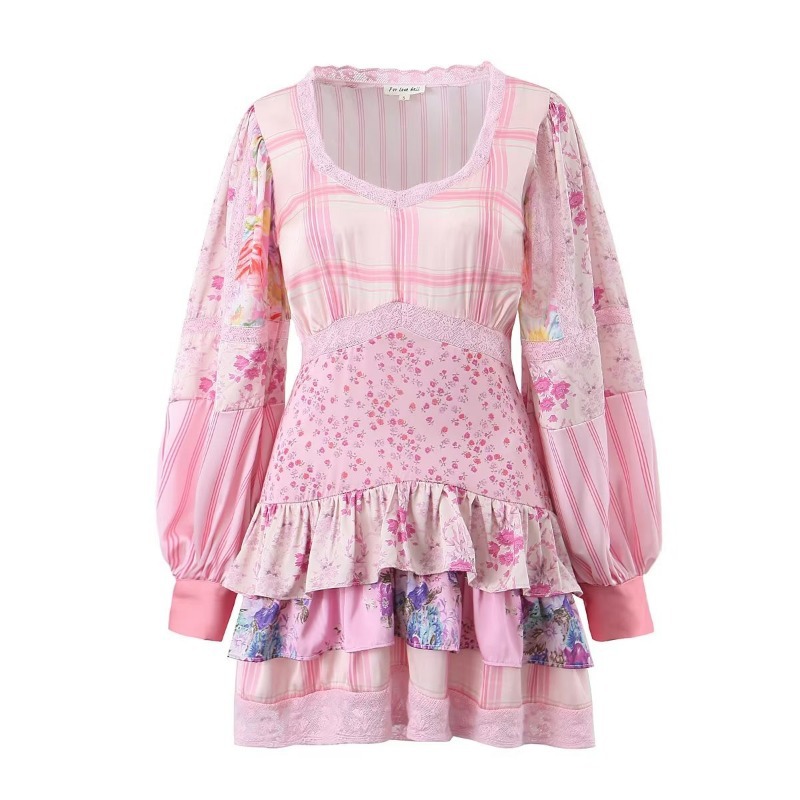 Inspired crochet-trimmed floral print cotton mini dress wrap-like summer dress cute V-neck short sleeve party dress women