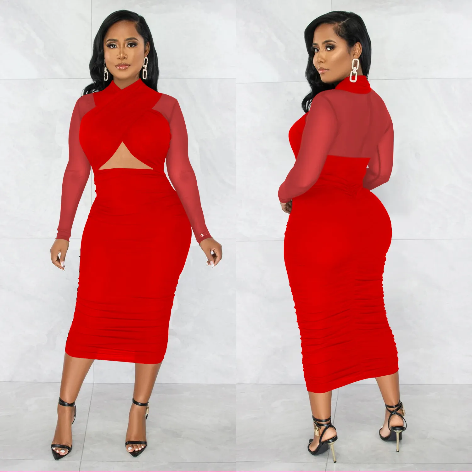 Maxct Maxct Fashion Women's Mesh Long Sleeve Solid Color Wrapped Breast Crop Dress