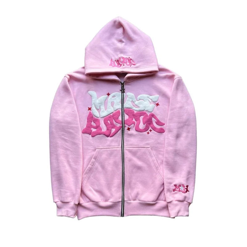 Maxct Y2K Zip Up Hoodie Harajuku Men Letter Graphic Printing Oversized Hoodie Sweatshirt Punk Rock Gothic Clothes Tops Streetwear
