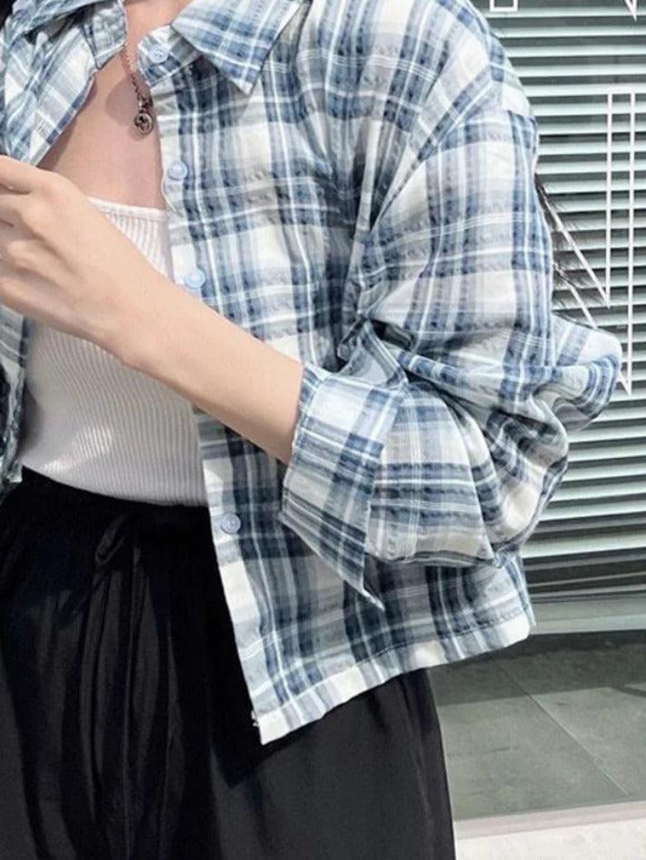 Maxct Vintage Plaid Short Loose Long Sleeve Blouse