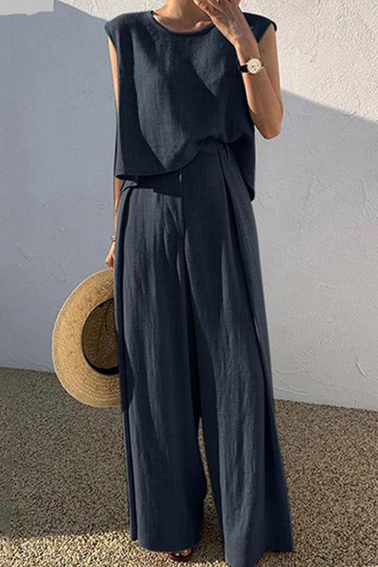 Maxct Cotton Solid Tank Pants Suits