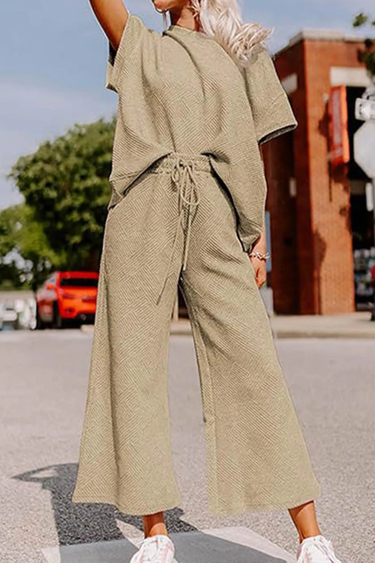 Maxct Solid Textured T-shirt Long Pants Set
