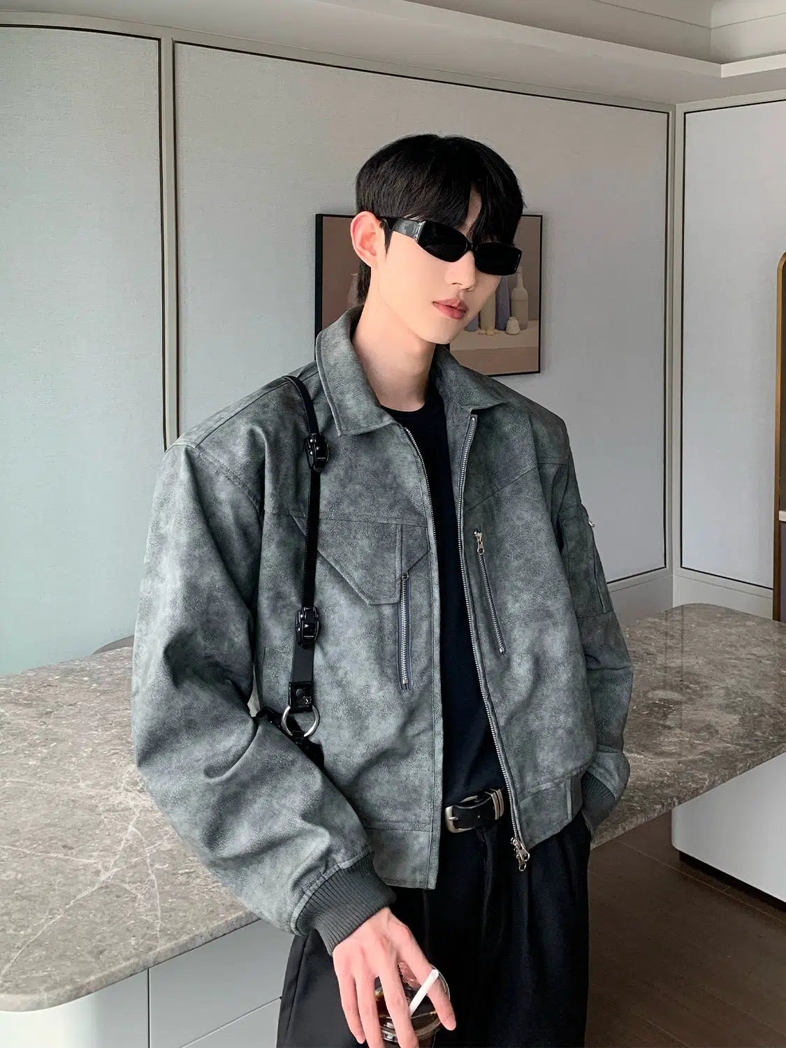 Maxct Shoulder Pad PU Leather Bomber Jacket