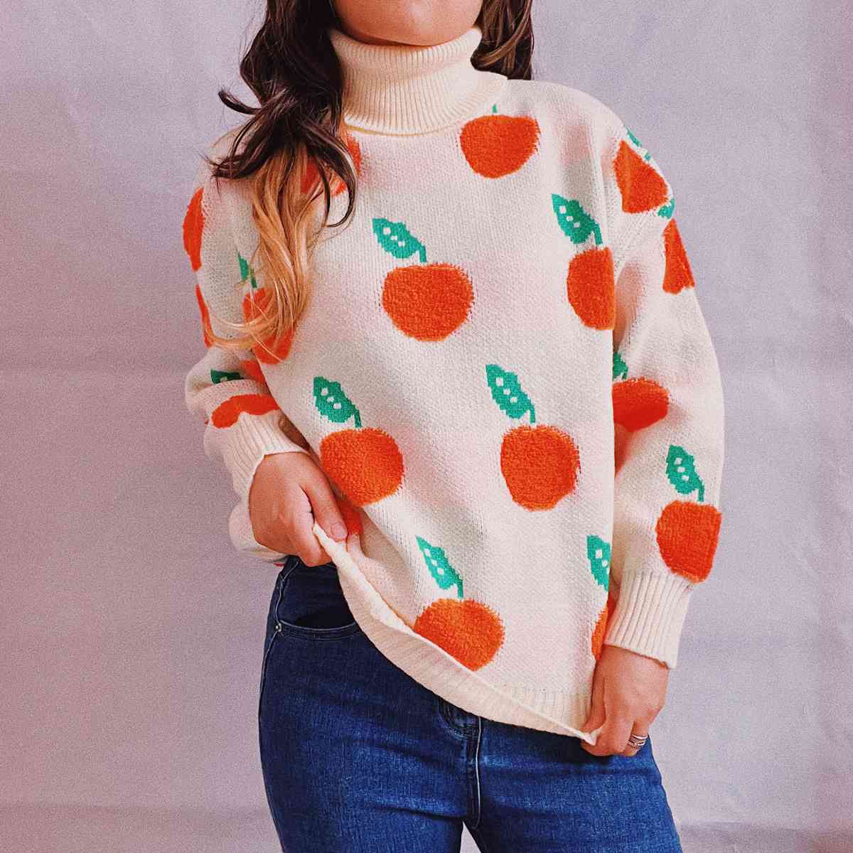 Maxct &Fruit Pattern Turtleneck Dropped Sweater