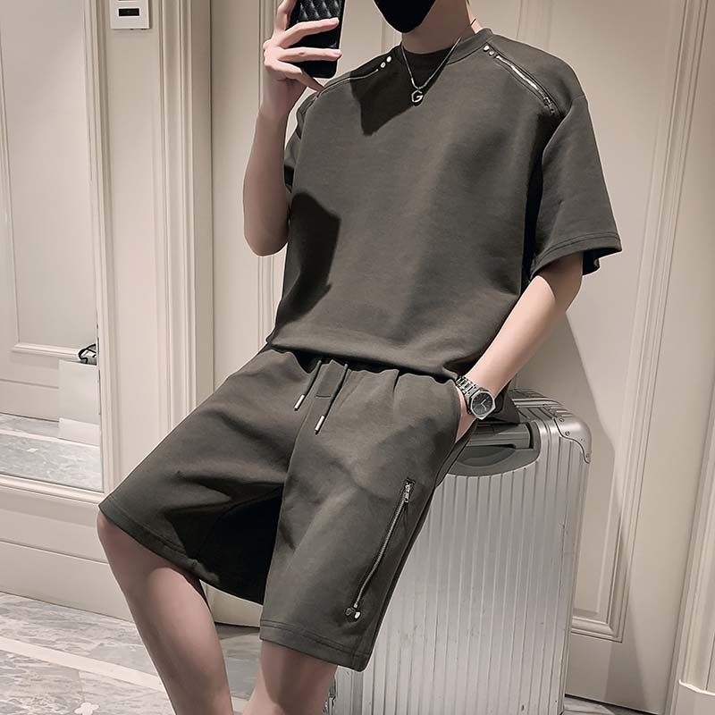 Maxct Zip Trim Short Sleeves Shorts Casual Two-Piece Suits