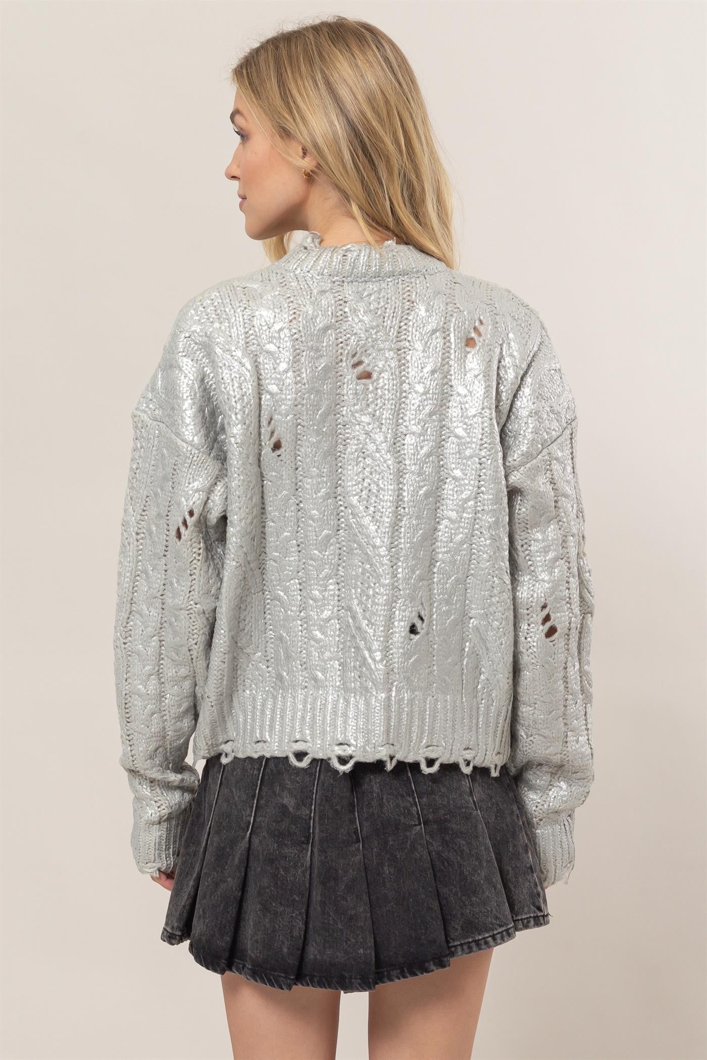 Maxct &HYFVE Distressed Cable-Knit Round Neck Long Sleeve Sweater