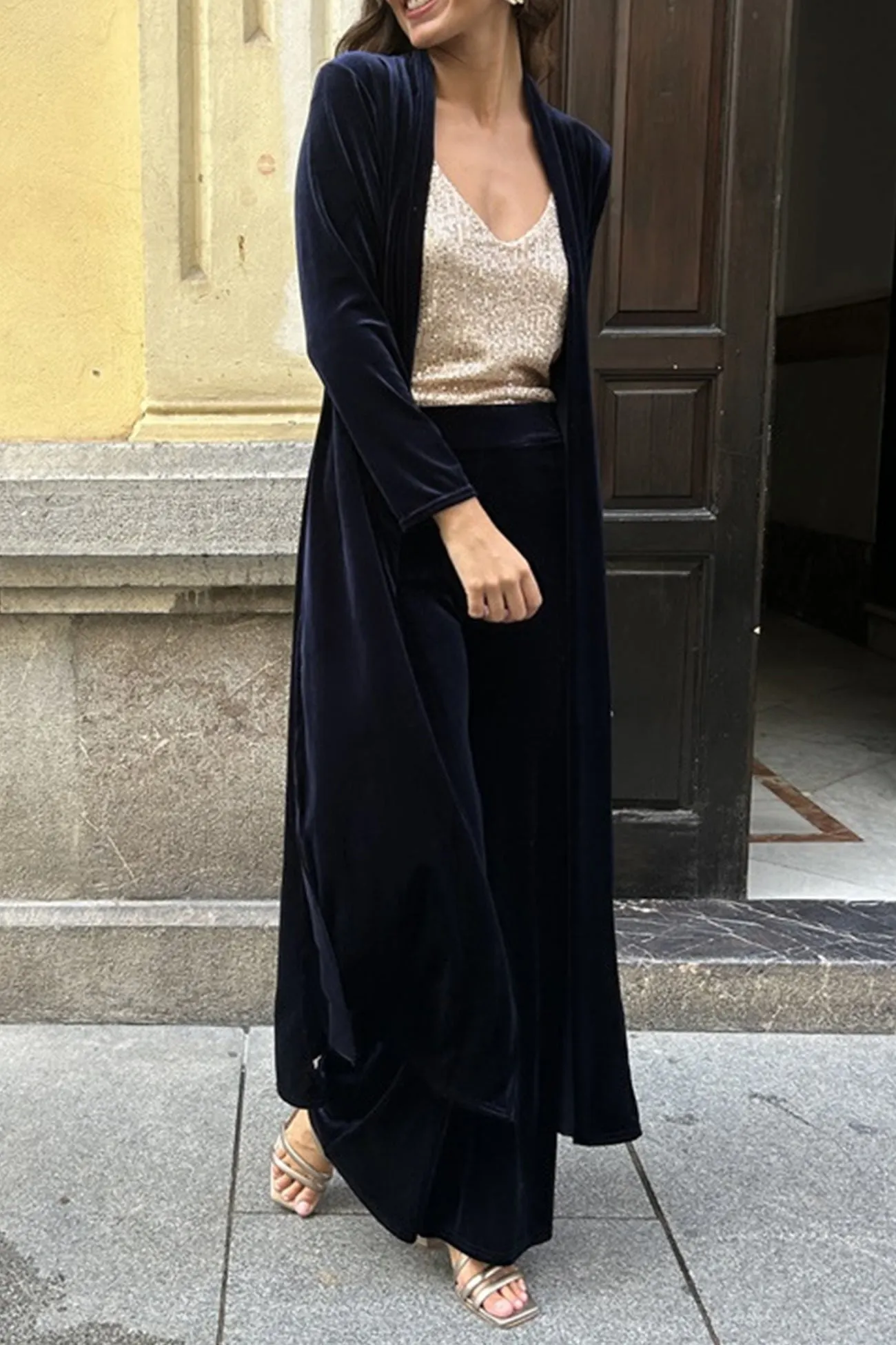 Maxct Velvet Slit Long Cardigan Two-piece Pants Suits