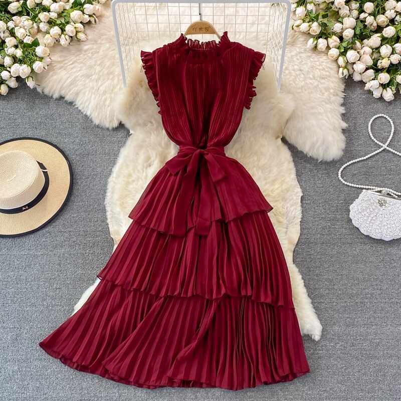 Women's Purple/Pink/Green Draped Dress Vintage Ruffle Stand Collar Sleeveless High Waist Party Pleated Vestidos Female New