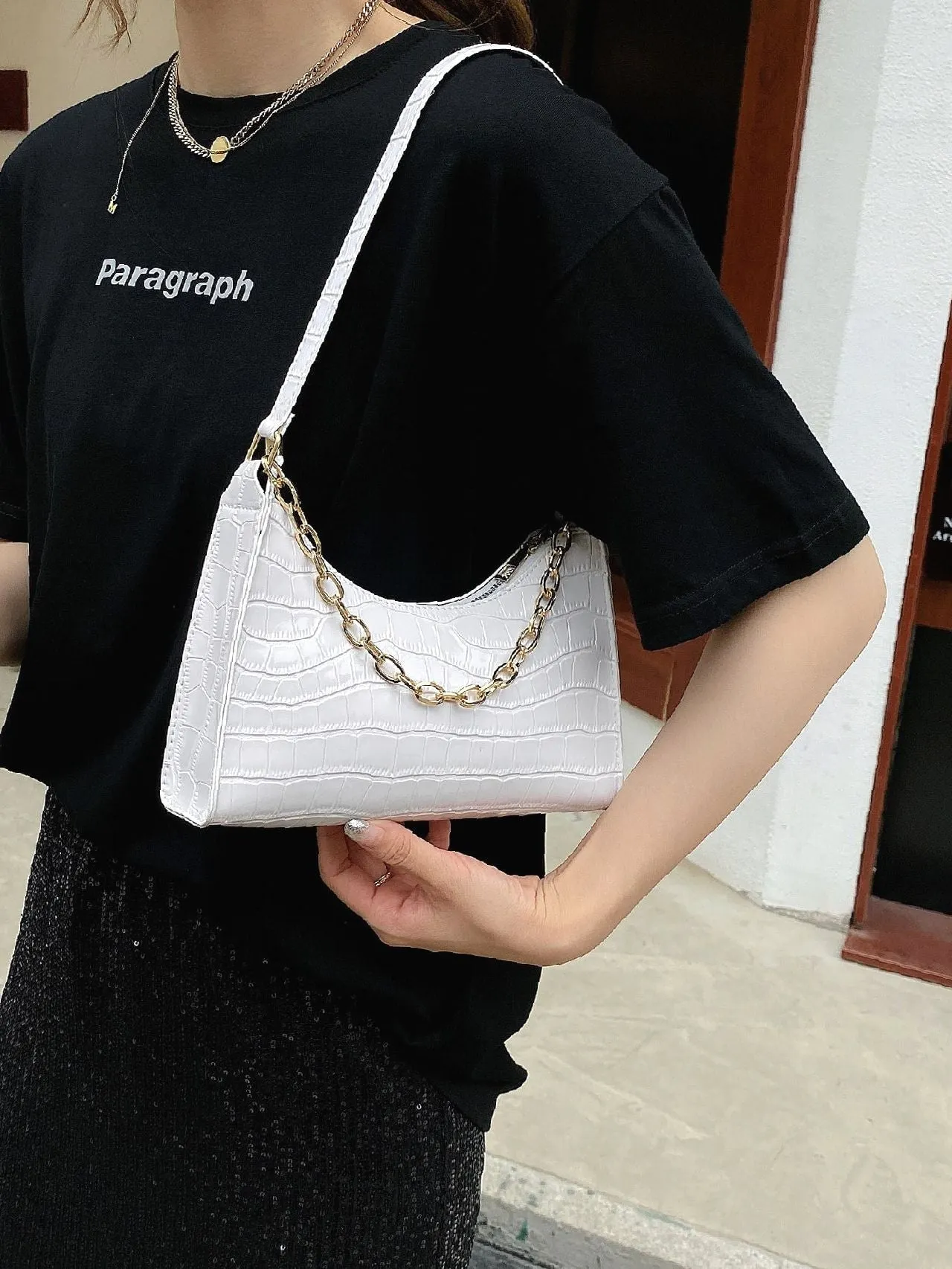 Bag For Love - Chain Decor Croc Embossed Maxct Bag  - Women Maxct Bags