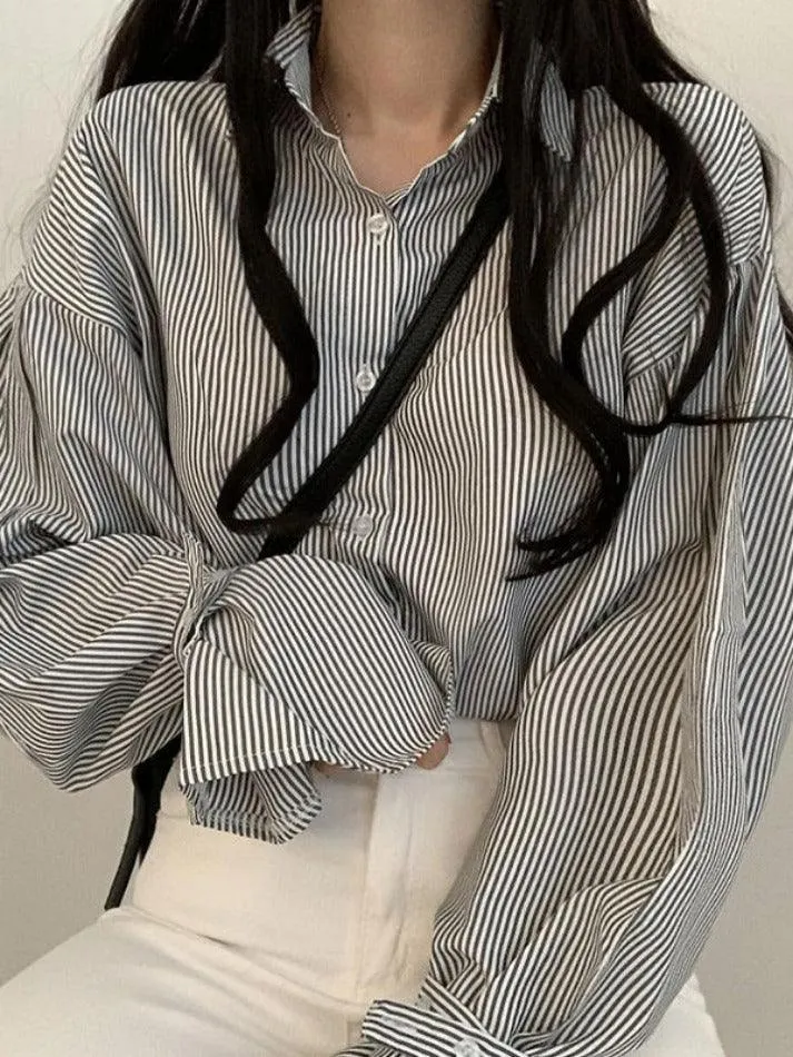 Maxct Stripe Lantern Sleeve Long Sleeve Blouse