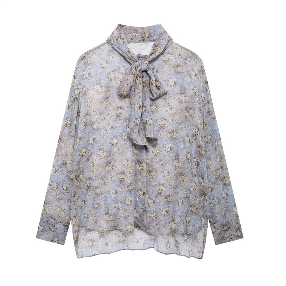 Autumn New Product Women's Casual Versatile Loose Bow Tie Decoration Printed Long Sleeve Shirt Top