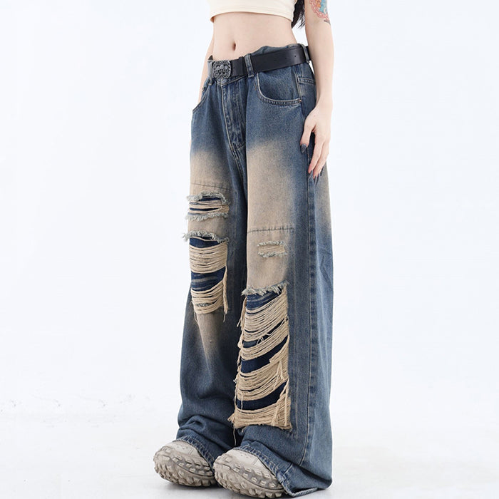 Grunge Aesthetic Ripped Wide Jeans Maxct