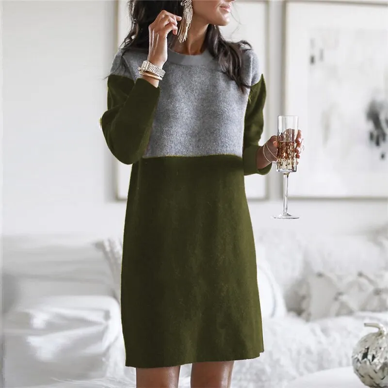 Maxct Autumn Winter Round Neck Vintage Patchwork Knitting Dress Women Loose Casual Straight Dresses Robe Femme Vestidos De Fiesta