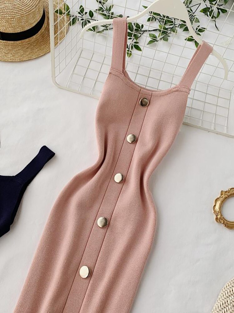 Maxct Summer Pink/Red/White/Black Women Knitted Dress Vintage High Waist Button Single-breasted Slim Casual Dress For Female New