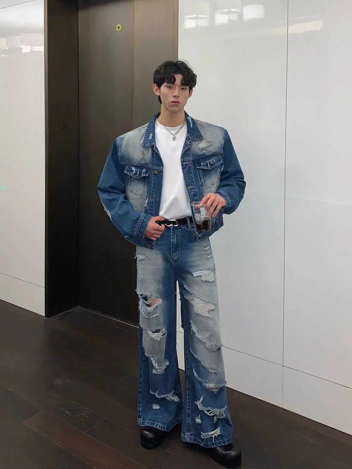 Maxct Blue Denim Jacket & Ripped Wide-leg Jeans