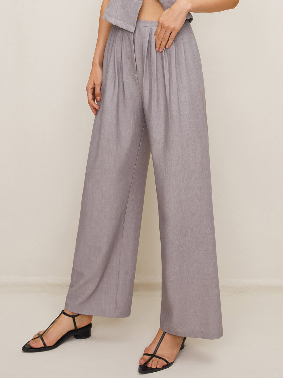 Maxct Pleated Sleeveless Plain Pants Set