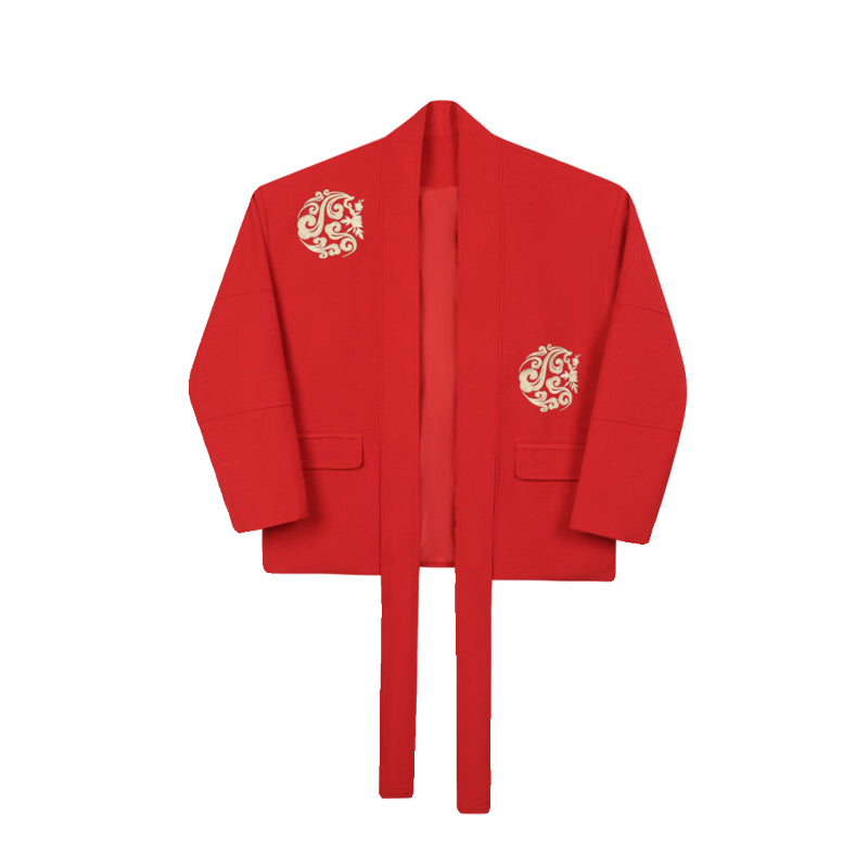 Maxct Retro Cirrus Embroidered Red Suit Jacket Wide-leg Trousers Two-piece Set