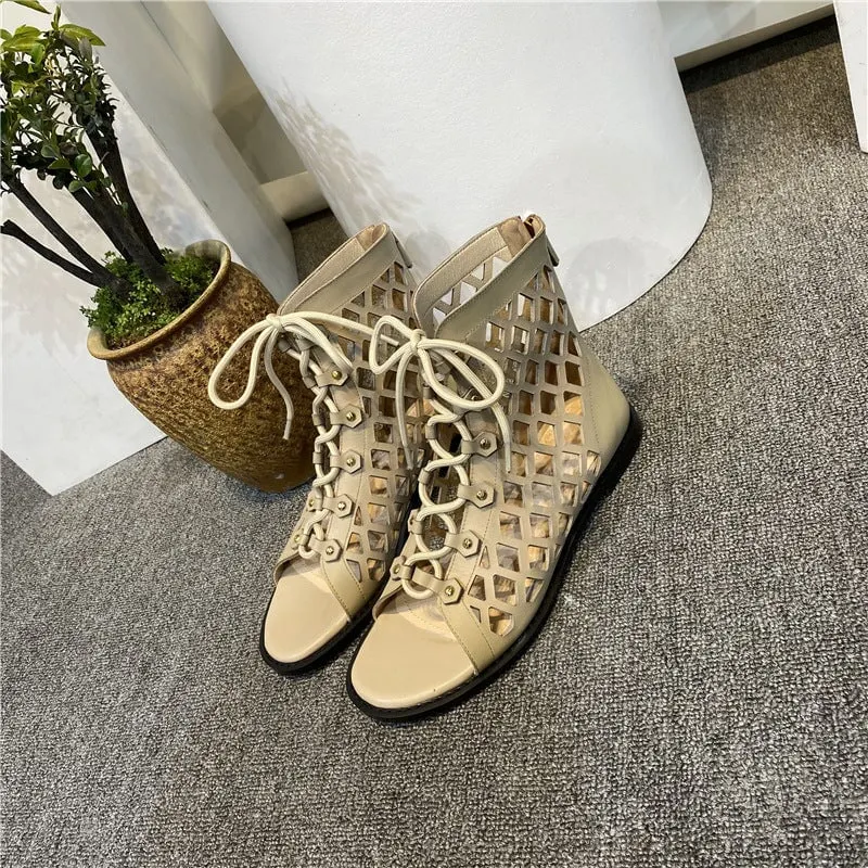 Strappy Sandals Boots Open Toe Back Zipper Flat Gladiator Sandals Maxct