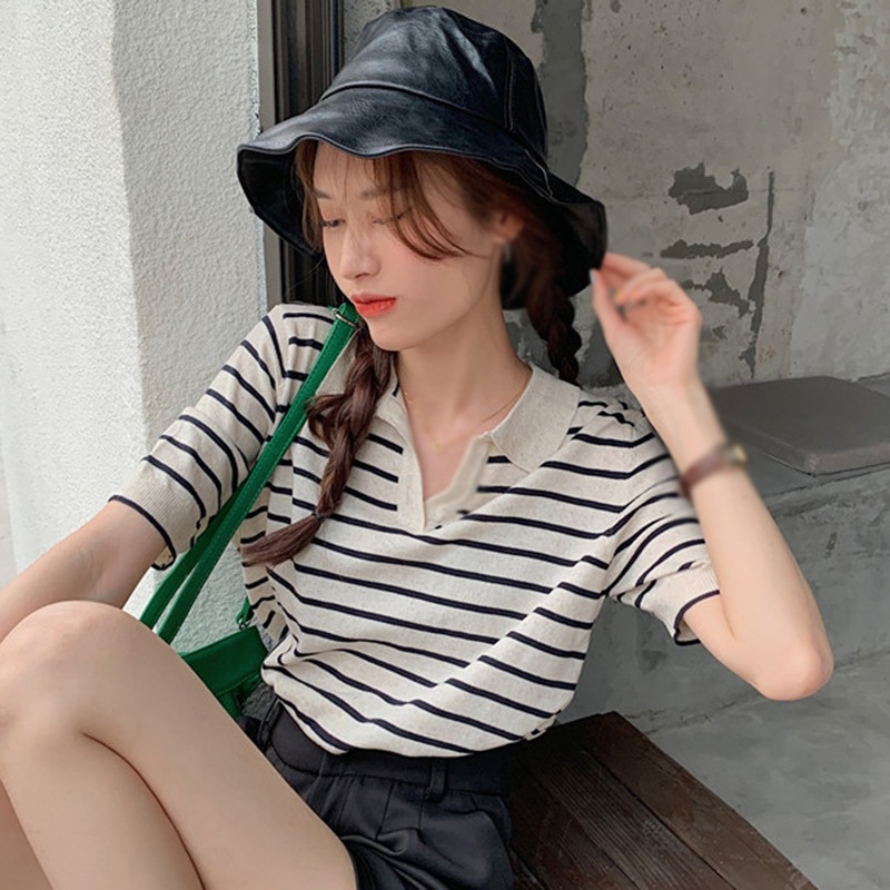 Maxct Women's Knitted Short Sleeve Top T-shirt Loose French Stripe Shirt