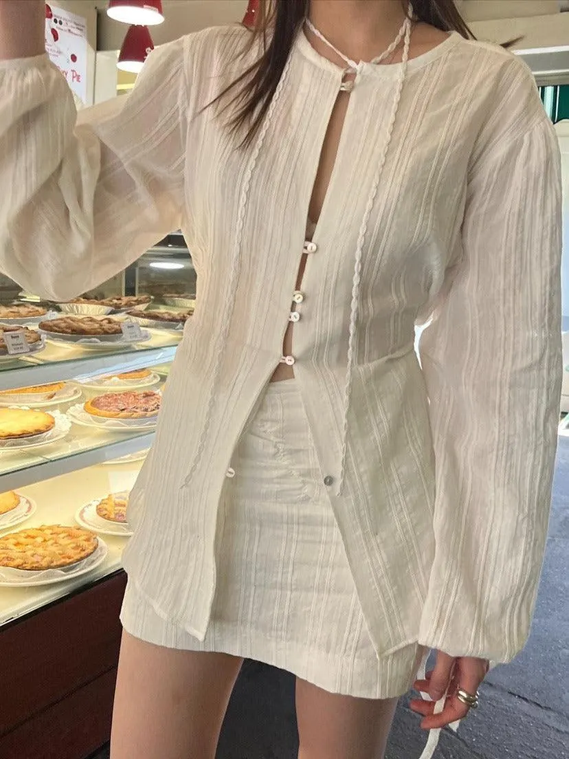 Maxct Lace Waist Bandage Long-sleeved Shirt Skirt Angel Suit