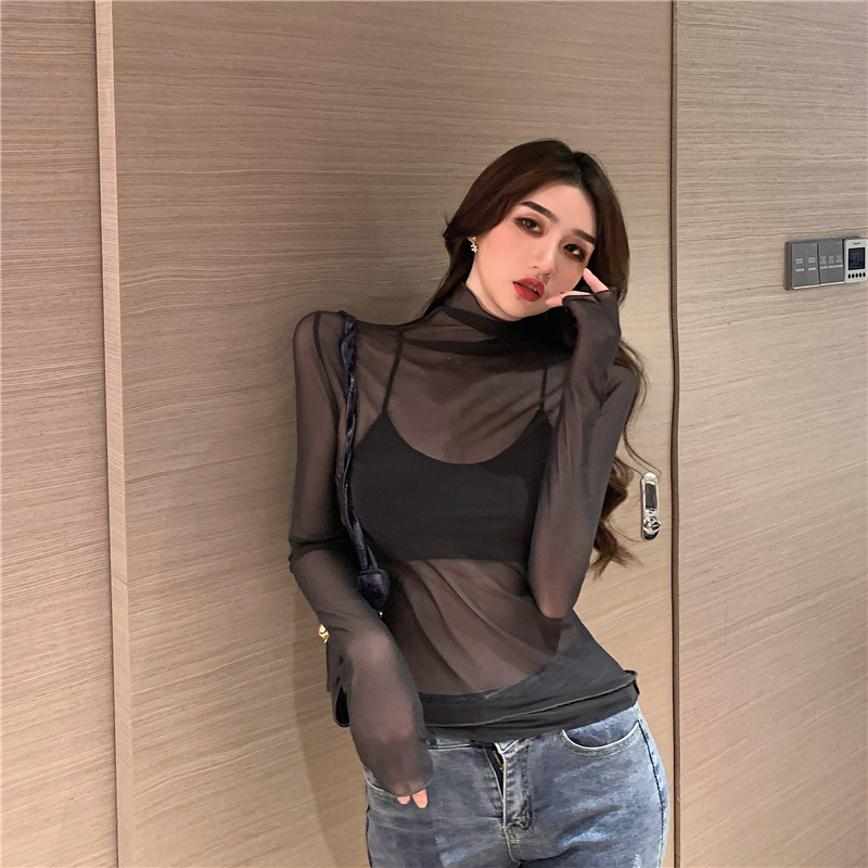 Maxct T Shirts Women Transparent Tops Long Sleeve Slim Turtleneck Stretchy T-Shirt Autumn Tees